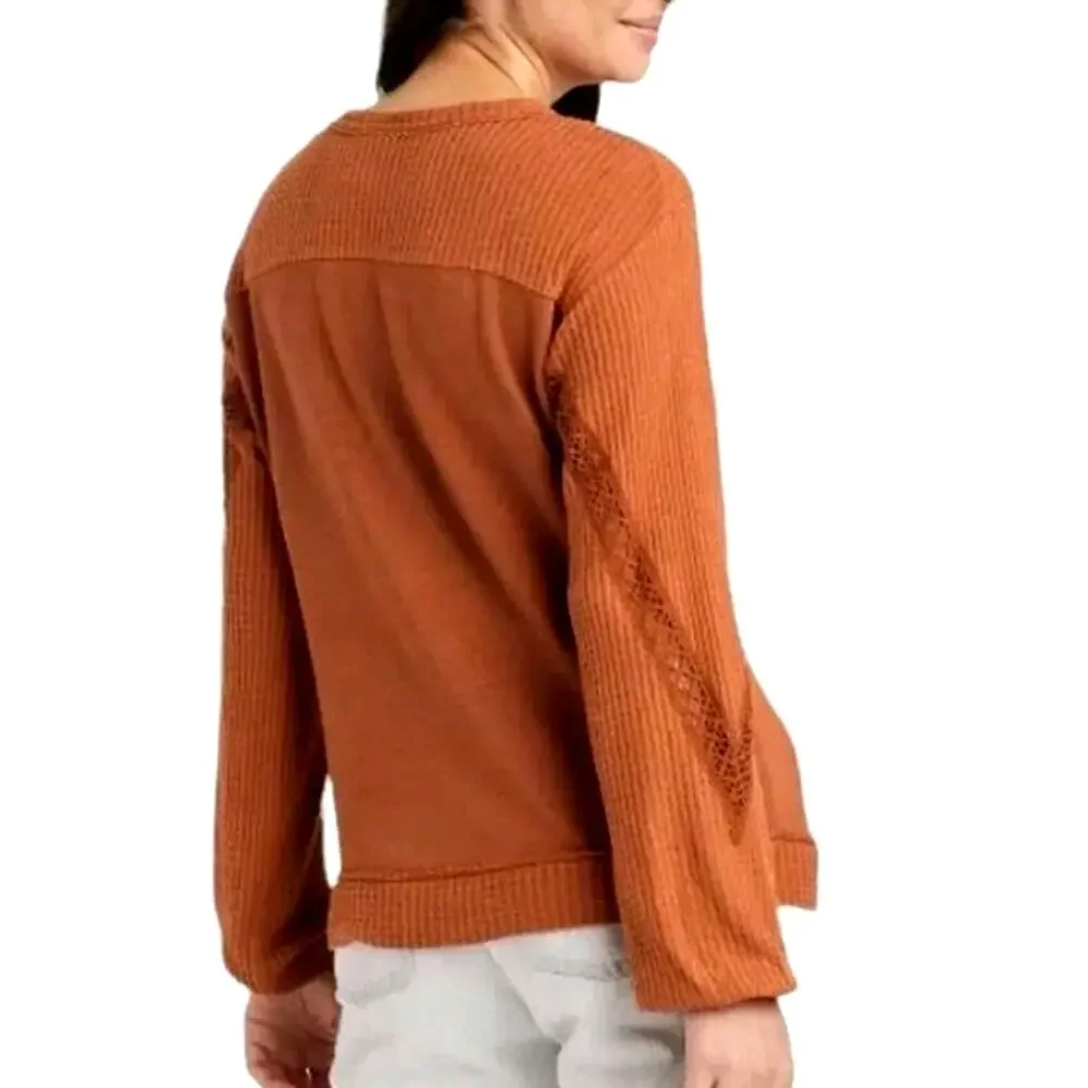 Knox Rose Lace Waffle Knit Thermal Top M Burnt Orange Sweater Earthy Neutral NWT